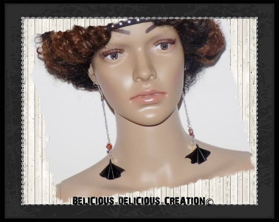 Original earrings! FANFAN! faux leather black T 12.5 cm long belicious delicious creation