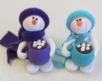 Love my hot chocolate Snowman ornament: snowman with hot cocoa mug purple or blue