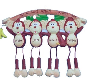 Family of 4 Personalized Monkey Ornament - Personalized Family Ornament for 4 - 4 Grandkids Personalized Ornament for Grandparents