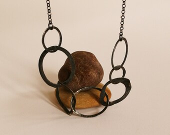 Blackened Silver Circles Necklace, Rustic Handmade Necklace, Hammered Sterling Silver, Circles Necklace, Contemporary, Simple Necklace