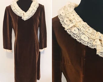 Vintage 1960s Hand Sewn Velvet Brown Shift Dress with Lace Collar - 1960s Brown Velvet Laced Dress - Vintage Velvet Dress