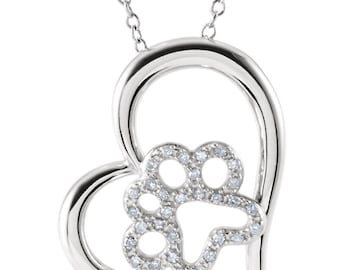 Diamond Paw Print Heart Necklace - Sterling Silver