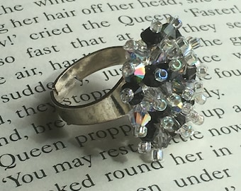 Beautiful handmade Swarovski crystal adjustable cluster ring - shades of midnight