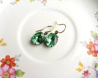 Green Vintage Rhinestone Earrings Peridot Green Jewel Gem Earrings Delicate Simple Design Jewelry Retro Estate Style Minimalist