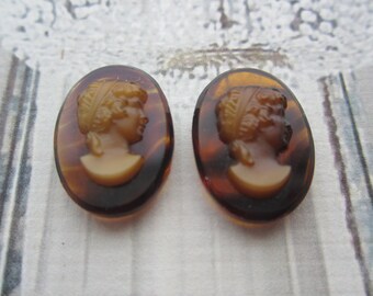 Vintage Tortoise Glass Lady Cameos 2Pcs.