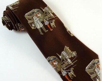 Vintage 1970s Tie Wide Fellini Brown City Life Pictorial Necktie