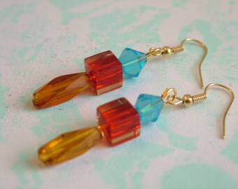 Red, Yellow, and Blue Glass Dangling Earrings