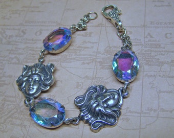 Art Nouveau Bracelet, Vintage Pale Aqua Rhinestone Bracelet, Silver Goddess Bracelet, Old Hollywood Heirloom Jewelry