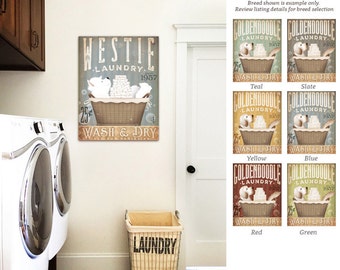 Westie west highland terrier dog Laundry Company basket illustration graphic art on canvas by stephen fowler