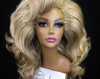 BUXOM - Large Styled Wig for Drag Queens, Theater, Burlesque in Ash Blonde with optional Swoop Bang