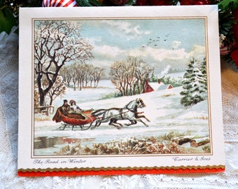 Vintage Christmas Card - The Road in Winter - Used Currier and Ives Horse Sleigh