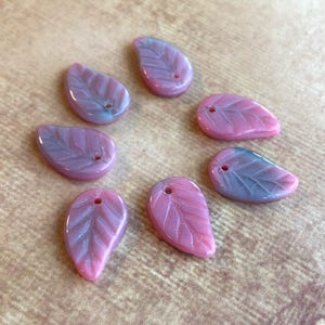 free UK postage Pack of 25 Czech glass pressed beads leaf pink grey leaves