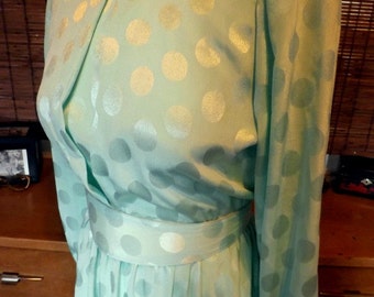 Vintage 80s does 40s Mint polka dot Brocade Belted Midi Dress M Free shipping