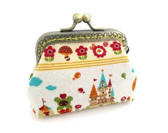 Fabric coin frame purse, bronze kiss lock clasp purse, frame pouch, metal frame purse, linen mini bag