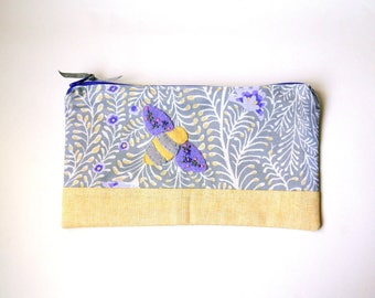 Zipper Pouch, 5x9" in gray, yellow, lavender, purple and cream fern print fabric with Handmade Felt Bee Embellishment, Bee Pencil Case