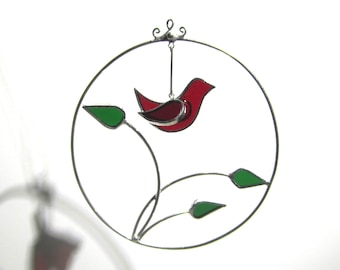 You Pick Any Color - 3D Stained Glass Ornament - Round Bird Branch Home Garden Suncatcher Hanging Christmas Tree Ornament (MADE TO ORDER)