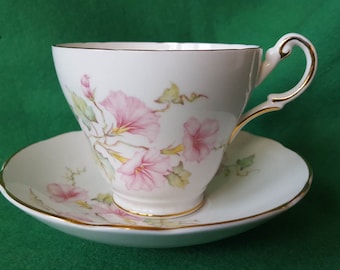 Regency English Bone China Cup and Saucer in a Pink Morning Glory Design