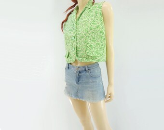 Cropped Shirt Floral Blouse Sleeveless Blouse 60s Blouse Summer Blouse 1960s Cotton Blouse l