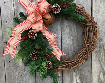Farmhouse Christmas Wreath, Christmas Wreaths for Front Door, Country Christmas Wreath, Rustic Decor, Grapevine Wreath, Holiday Door Wreath