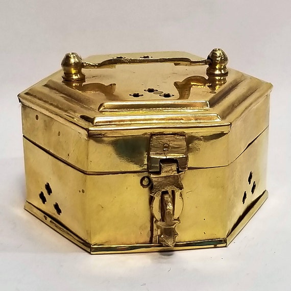 Vintage HexagonShaped Brass Trinket/Incense Box with Handle