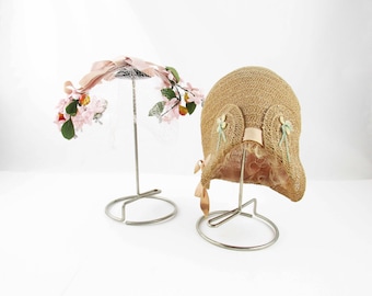 Instant Hat Display - 1940s Vintage Hat Stands With Hats - Metal Arm With Wood Dowel - Vintage Displays With Cloche and Handband
