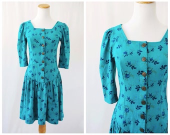 Short Dress 80's Drop Waist // Button Down Teal Green Puff Sleeves Medium
