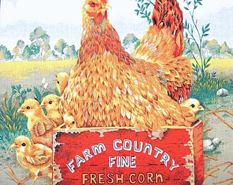 Mother Hen & Baby Chicks in Corn Crate~ Fabric Panel~16"x18"~Chickens~Farm~Country~For Pillow or Quilting~Cotton
