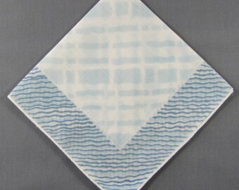 Blue Wavy Stripes and Brick Pattern Center Vintage Cotton Hankie Handkerchief
