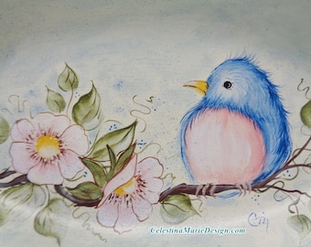 Bird on a Branch with Wild Roses, Oval Vintage Tray, Display, Decorative, Hand Painted, Shabby, ECS