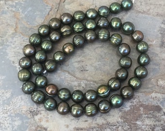 Green Potato Pearl Beads, Dark Green Pearl Beads, Sage Green Pearl Beads, 8mm, 16 inch strand