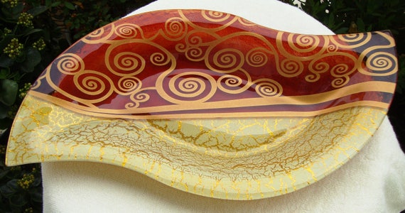 Vintage Handmade Fused Glass Tray, Asymmetrical Oval Εye Type Serving Platter, Decorative Plate, Wedding gift, Candle holder, Housewarming