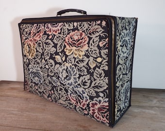 Vintage Tapestry Suitcase Luggage Black and Multicolored Floral