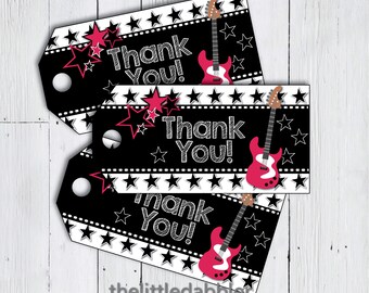Pink Black Rock Star Printable Favor Thank You Tags -- Hot Pink Guitar Rock and Roll Birthday Gig, Party Like a Rock Star Tags -- PDF