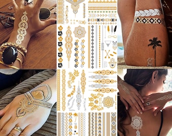 Metallic Gold Temporary Tattoos For Women - Waterproof Body Fake Flash Tattoo Stickers - Jewelry, Bracelet, Flowers, Mandala, Mehndi, Boho