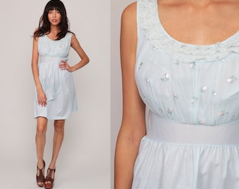 60s Nightgown Slip Dress Sheer Pastel Blue Lingerie Babydoll Mini 70s Vintage Nightgown Floral Sleeveless Empire Waist Small Medium
