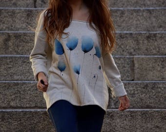 Hand painted cotton poppies sweatshirt Made in Italy-Handpainted poppies Sweatshirt
