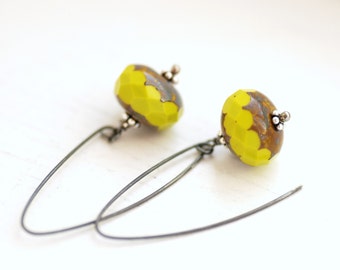 Simple Earrings, Chartreuse Earrings, Summer Jewelry, Glass Earrings, Dangle, Neon Jewelry, Oxidized Sterling Silver