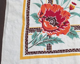 Vintage Linen Tablecloth with Red Poppies