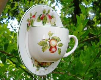 Stained Glass Windchimes, Suncatcher, Garden Decor, Glass Yard Art, Recycled Tea Cup and Saucer, Apple Suncatcher, Unique Handmade Gift