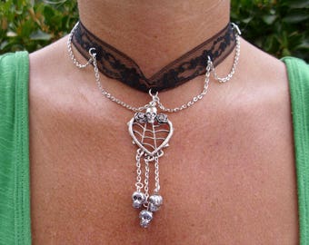 Gothic black choker with silver heart pendant and skulls