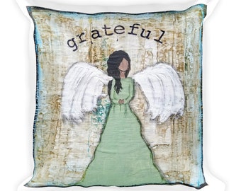 Square Pillow, Grateful Angel Mixed Media