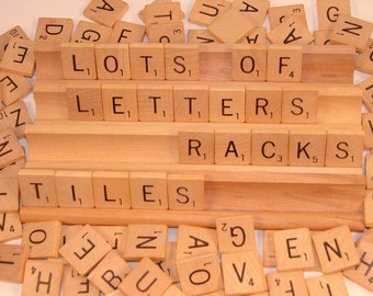 100 Vintage 1976 Wooden Scrabble Tiles and 4 Wooden Racks