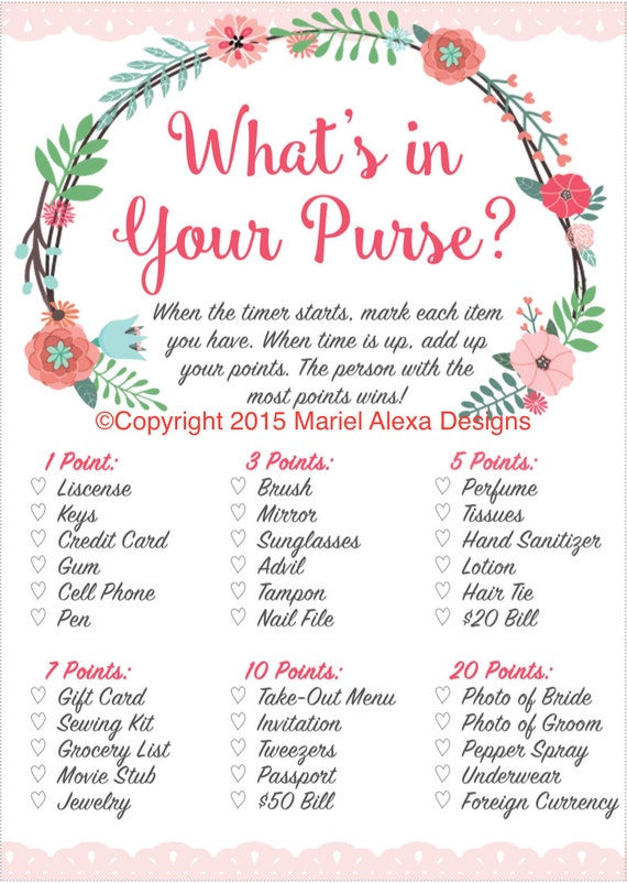 Bridal Shower Game What's in Your Purse Bag Search Fun