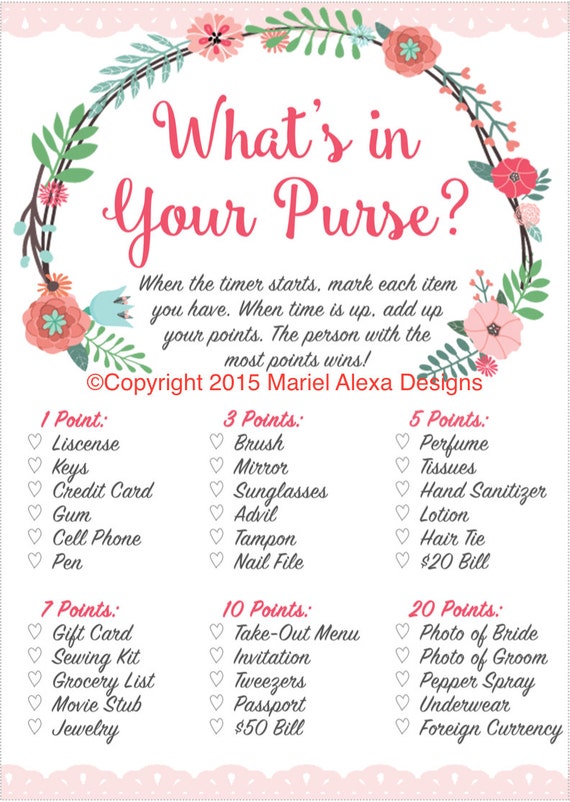 Bridal Shower Game What&#39;s in Your Purse Bag Search Fun