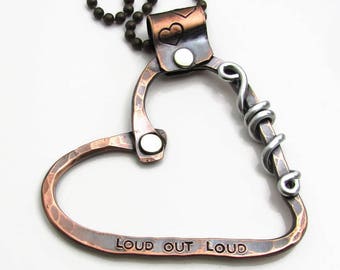 Personalized Copper Heart Necklace - Hand Stamped Jewelry - Personalized Necklace with Mixed Metal Cold Connections Riveted (104)