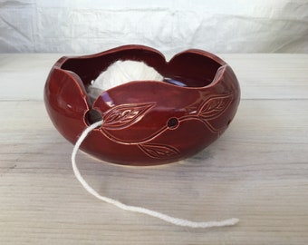 Yarn bowl, dark red, carved, vine, leaves, nature, knitting, crochet