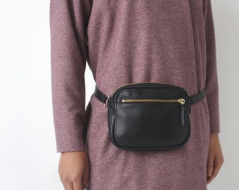Fanny Pack, Crossbody Bag, Hip Bag, Festival Fanny Pack, Leather Zipper Belt Bag Black