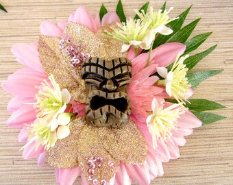 Tiki, Pink Tiki Oasis Hair Clip,Tropical Hair Clip, Tiki Hat, Pinup Hair Clip, Beach Hair