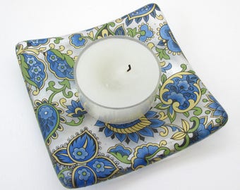 Paisley tealight holder, blue gold square glass dish, shallow glass bowl, blue candle dish, small soap dish, change tray, jewelry tray