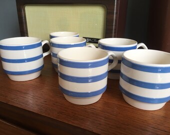 Vintage Carrigaline Blue and White Stripe Mugs, Cups, Cork Ireland